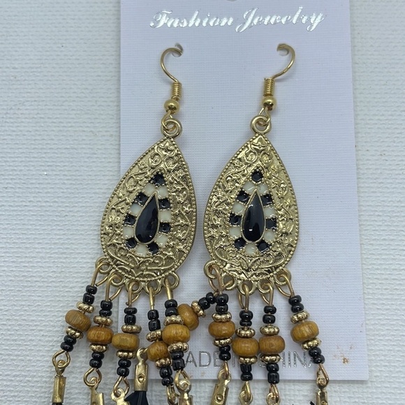 Black Feather Beaded Tear Drop Gold Earrings - Picture 6 of 10